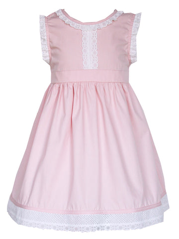 Adorable light pink tunic dress with white lace trimming and scoop collar for girls