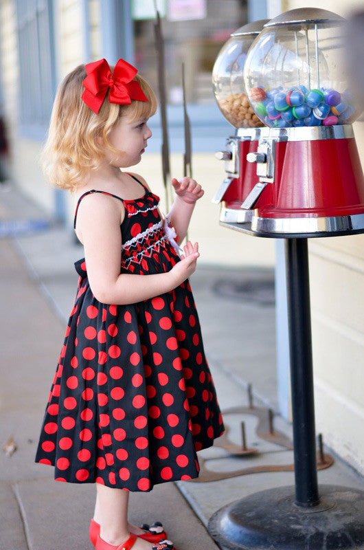 Girls Hand Smocked Summer Dress Black Red Polka Dots Girls Hand Smocked Summer Dress Black Red Polka Dots