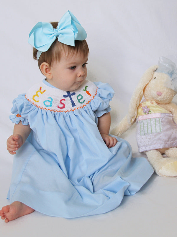 Baby Girls Blue Hand Smocked Easter Bunny Cross Bishop Dress Baby Girls Blue Hand Smocked Easter Bunny Cross Bishop Dress