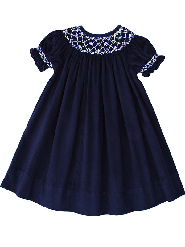 Beautiful Navy Blue Christmas Winter Holiday Smocked and Embroidered Bishop Dress for Girls