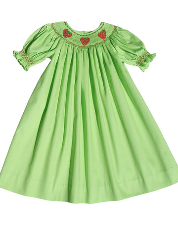 Adorable and Sweet Light Lime Green Summer Holiday Smocked and Embroidered Bishop Dress for Girls - Cute Strawberry Fruit Embroidery Design