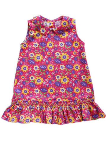 Adorable and Fun Spring Summer Pink Multi Color Cotton Smocked Dress for Girls - Floral Flower All Over Print Design