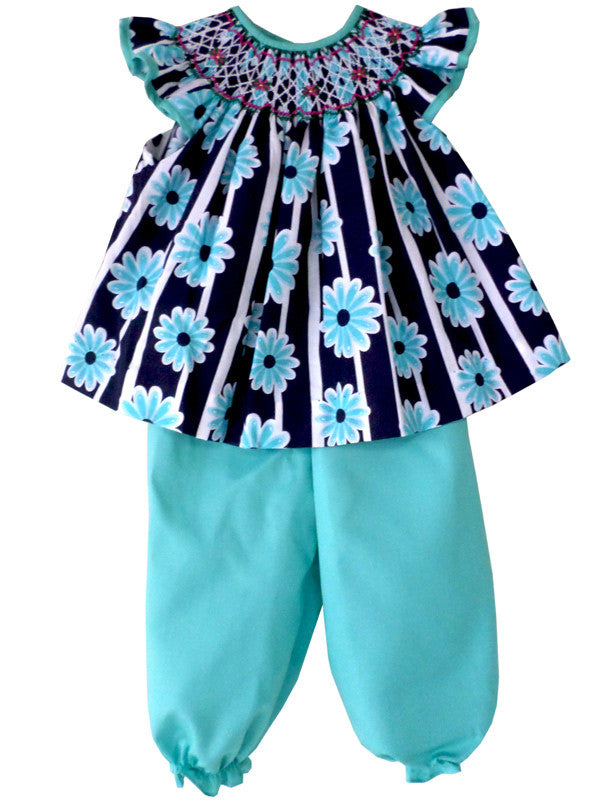 Turquoise Blue Spring Summer Floral Flower All over Print Design smocked embroidery bishop shirt - Matching Pants - Girls set 