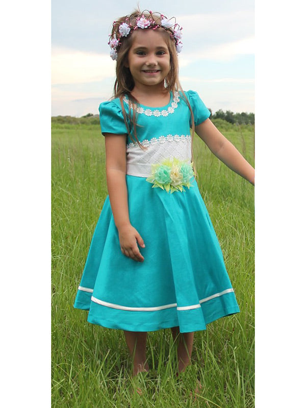 Girls Turquoise Taffeta Dress with Lace for Christmas