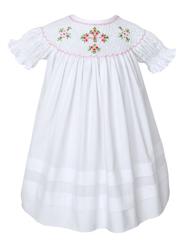 Girls White Smocked Dress with Pink Roses - Floral flower embroidery 