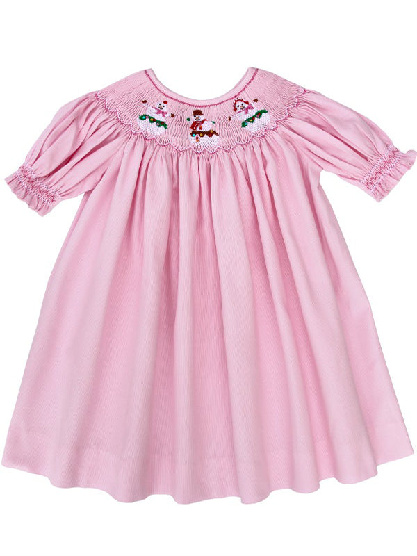 Girls Hand Smocked Christmas Snowmen Pink Bishop Dress Size 6 Girls Hand Smocked Christmas Snowmen Pink Bishop Dress Size 6