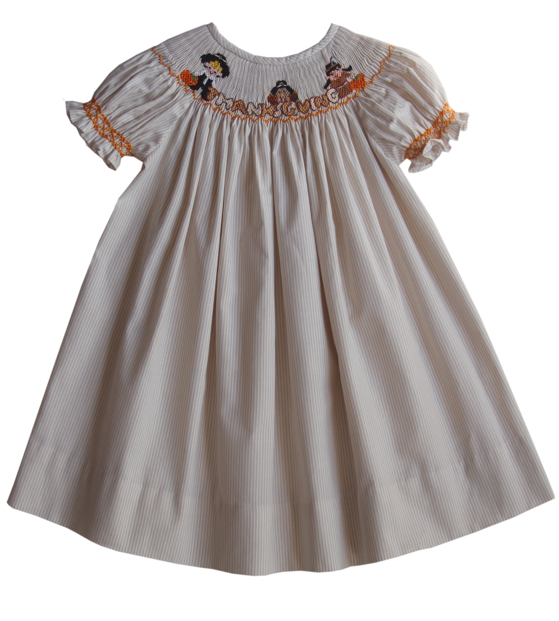 Thanksgiving Girls Bishop Dress with Smocked Pilgrims Turkey and India Thanksgiving Girls Bishop Dress with Smocked Pilgrims Turkey and India