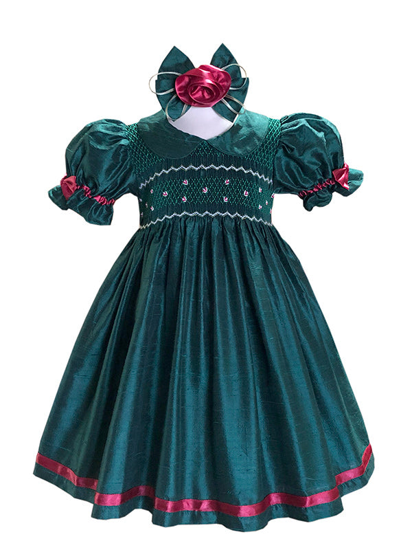 Green Silk Girls Smocked Dress with Red Ribbons 5