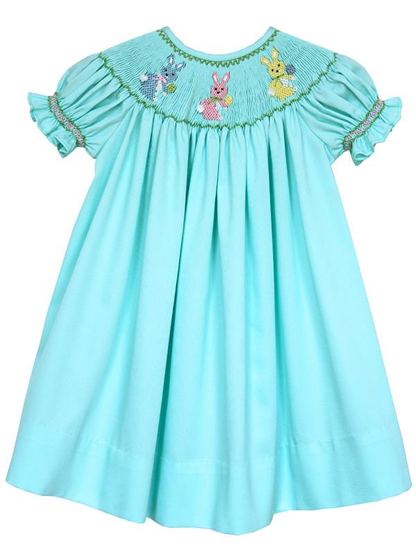 Easter Bunny Girls Smocked Bishop Dress Mint Green Easter Bunny Girls Smocked Bishop Dress Mint Green