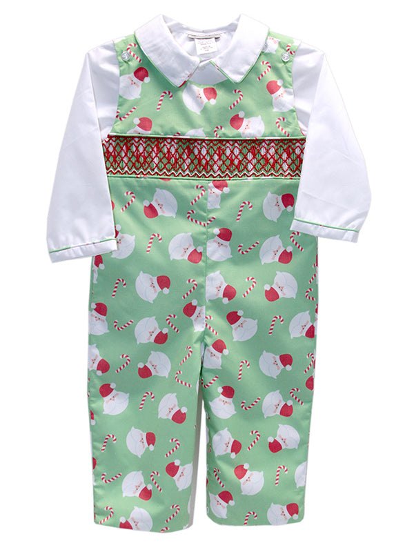 Adorable Green Christmas Holiday Smocked and Embroidered Overall Pants for Boys - Santa and Candy Cane All Over Print Design