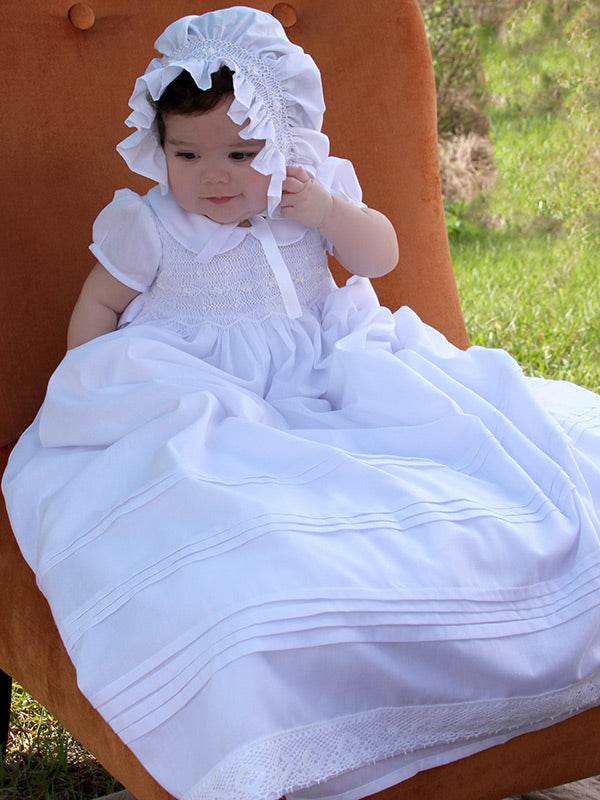Smocked Baby Girl Christening Gown, Bonnet and Panty