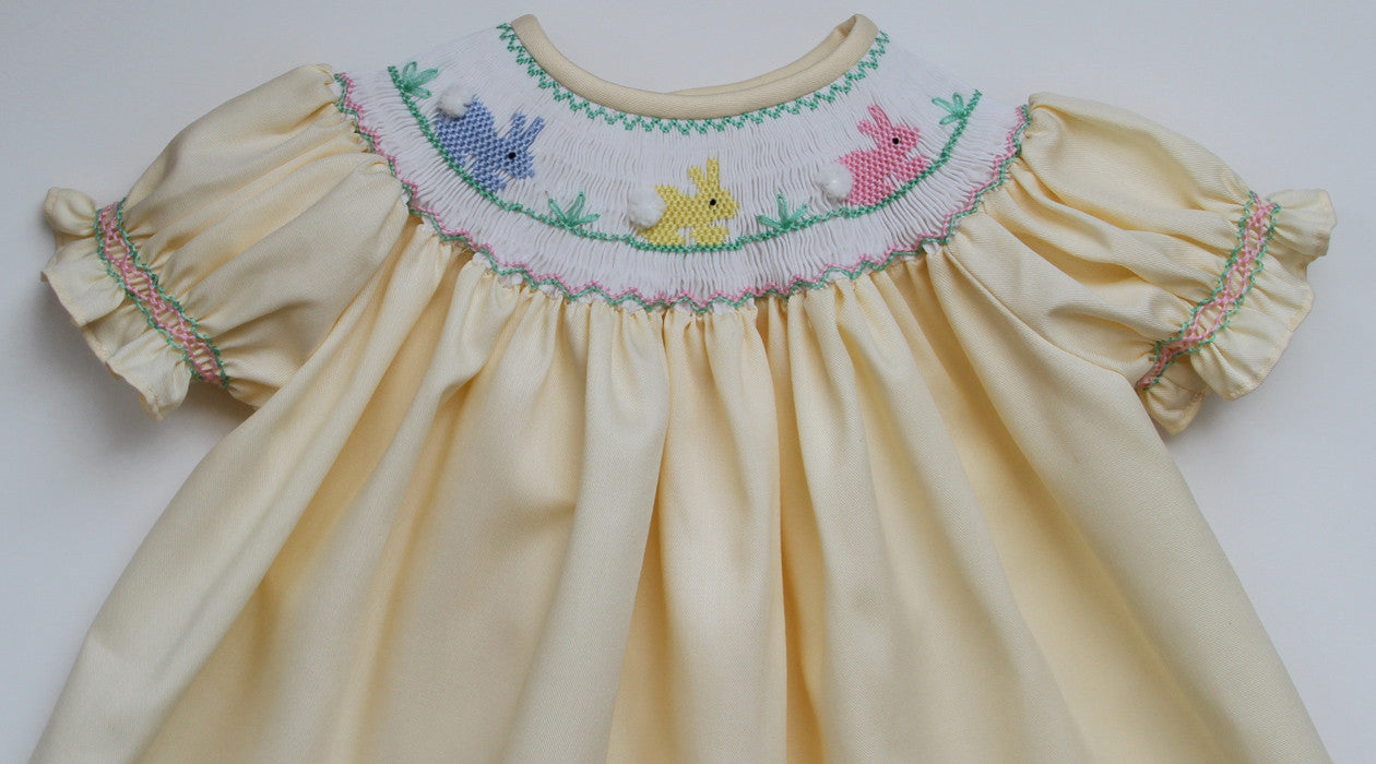 yellow dresses for easter Hand Smocked Yellow Girls Bishop Dress with the Easter Bunny