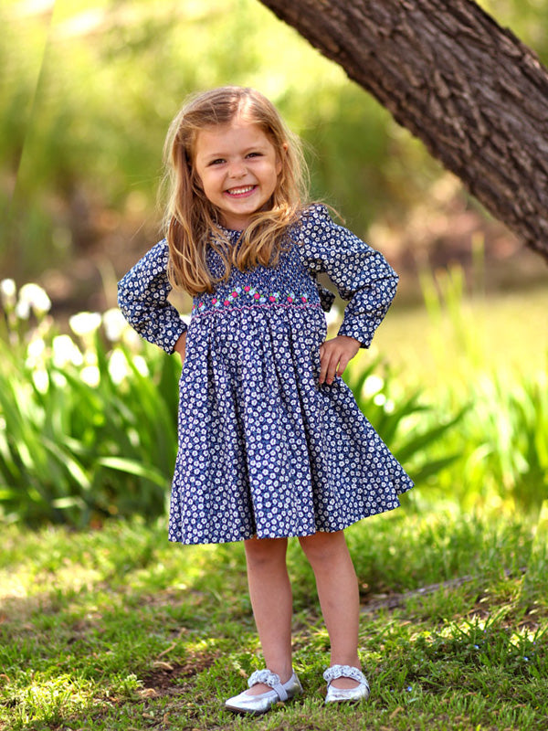 Girls Long Sleeved Hand Smocked Blue Floral Fall Dress in Pima Cotton