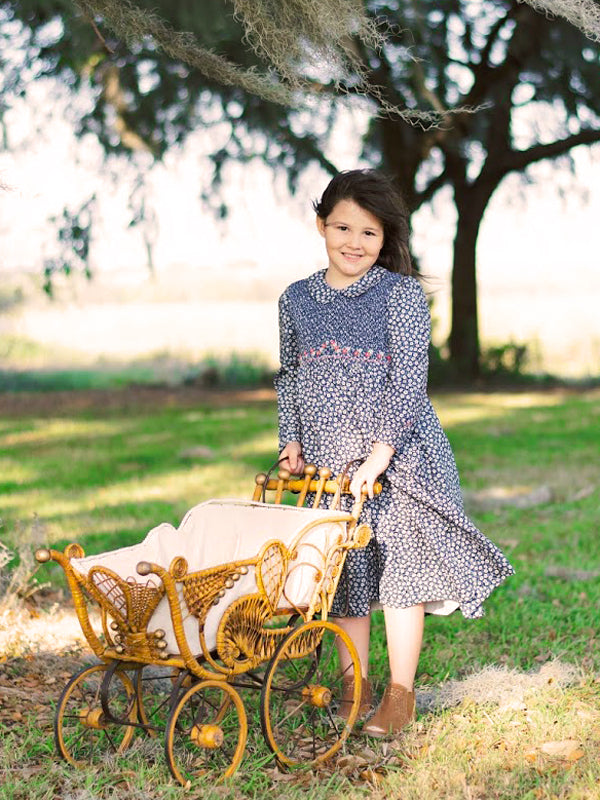 Girls Long Sleeved Hand Smocked Blue Floral Fall Dress in Pima Cotton Girls Long Sleeved Hand Smocked Blue Floral Fall Dress in Pima Cotton