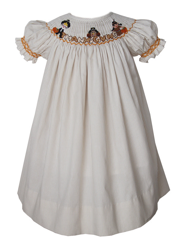 Thanksgiving Girls Bishop Dress with Smocked Pilgrims Turkey and India Thanksgiving Girls Bishop Dress with Smocked Pilgrims Turkey and India