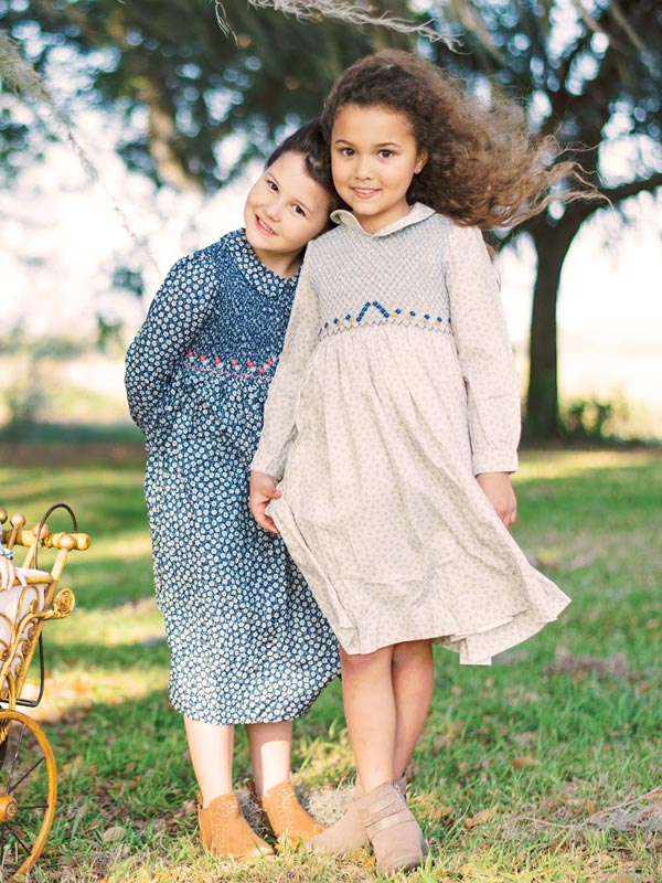 Girls Long Sleeved Hand Smocked Blue Floral Fall Dress in Pima Cotton Girls Long Sleeved Hand Smocked Blue Floral Fall Dress in Pima Cotton