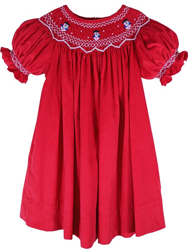Smocked Snowman Red Christmas Girls Dress Bishop Style Smocked Snowman Red Christmas Girls Dress Bishop Style