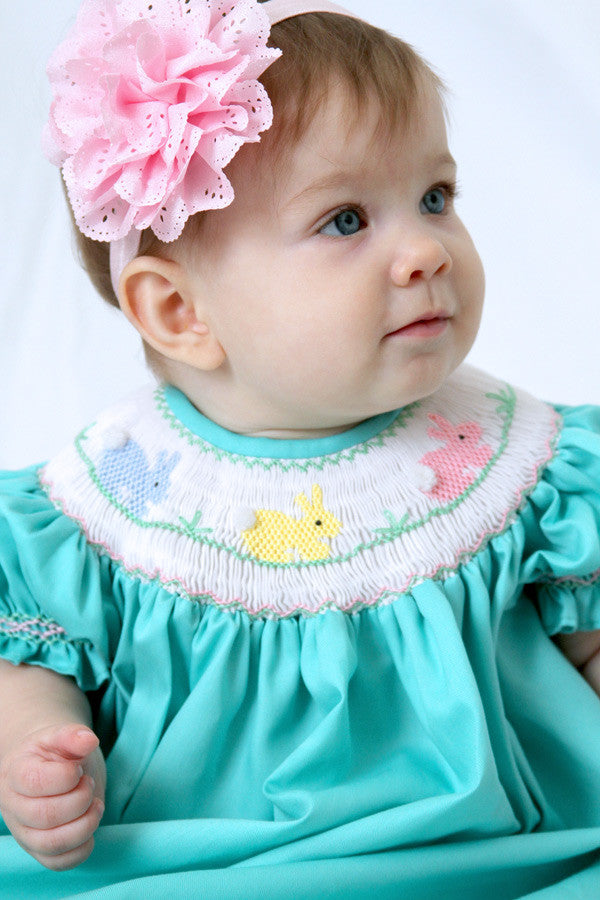 Aquamarine Baby Girls Bishop Dress with Smocked Easter Bunny Aquamarine Baby Girls Bishop Dress with Smocked Easter Bunny