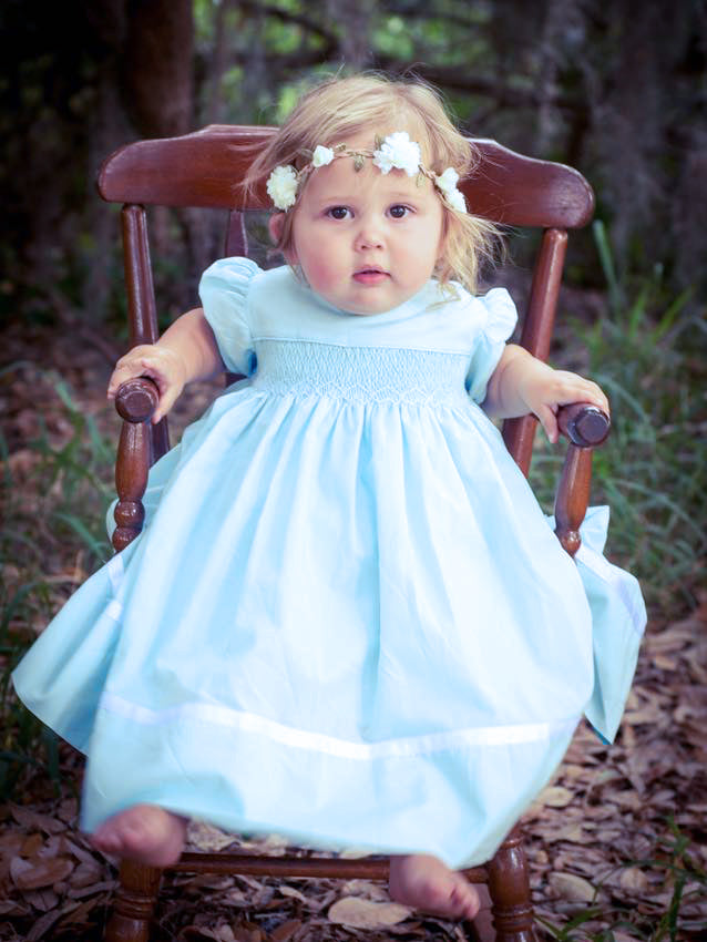 Girls Smocked Blue Heirloom Ribbon Dress Girls Smocked Blue Heirloom Ribbon Dress