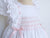 Beautiful Classic white hand smocked and embroidered summer spring everyday or special occasion dress for girls - pink embroidery, doily lace with pink detail trim and ribbon
