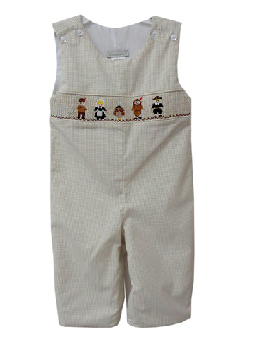 Adorable Tan Beige Fall Thanksgiving Holiday Smocked and Embroidered Overall Pants for Boys - Pilgrim, Indian and Turkey Embroidery Design 