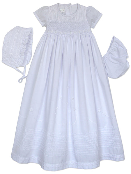 Baby Girls Christening Gown with Smocking, Lace Bonnet and Panty