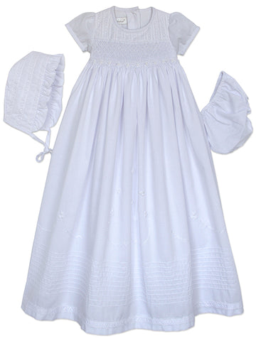 White smocked Christening Baptism Baby Gown with Bonnet