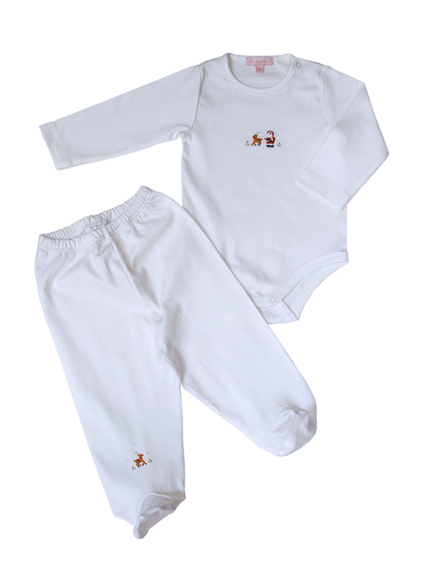 Christmas Santa and Reindeer embroidered design on white onesie, footsie pajamas with matching pants