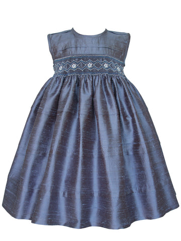 Baby Toddler Girls Blue Grey Silk Smocked Sleeveless Dress 