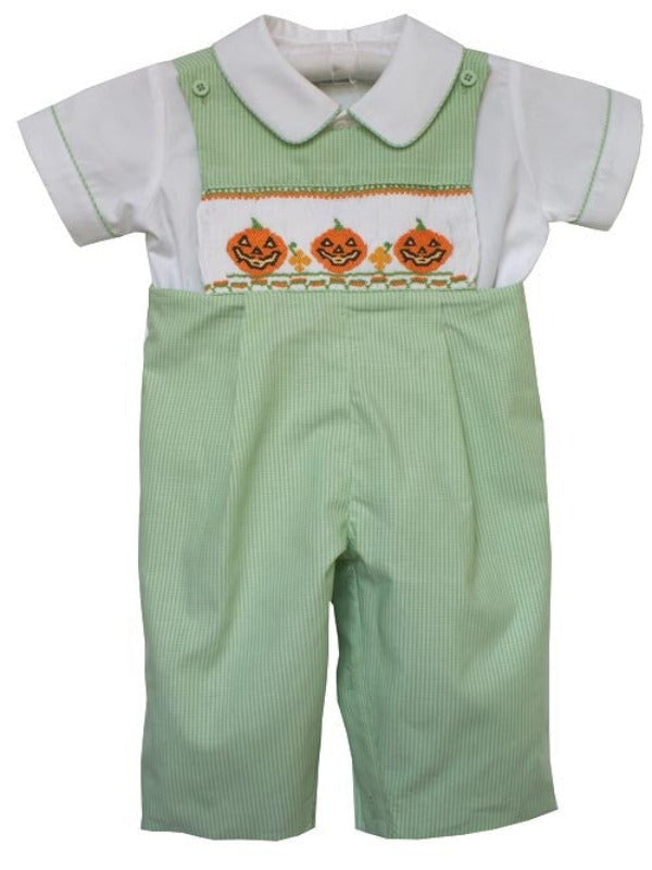 Boys green gingham hand smocked Jack-O-Lantern Halloween longall