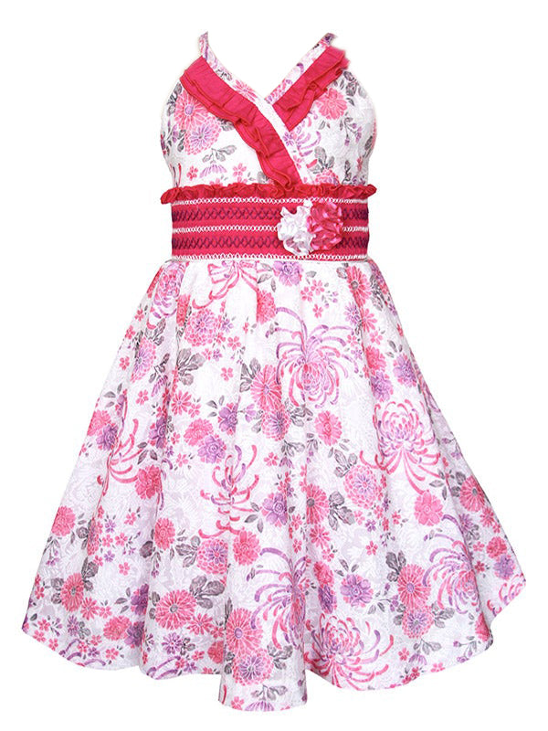 Light Pink With All Over Floral Flower Print Design, smocking, Frills, Strap Summer Spring Girls Dress