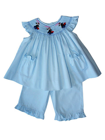 Adorable Light Blue Disney Inspired Mary Poppins Ruffle Smocked and Embroidered Dress with Pockets for Girls - with Matching Blue Frill Pants - Matching Set
