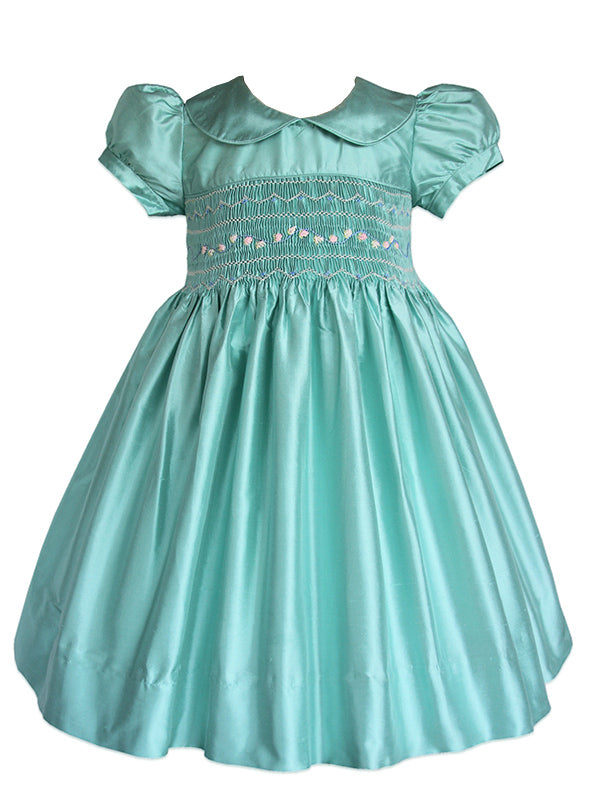 Mint Green Heirloom Girls Silk Dress with Hairbow1