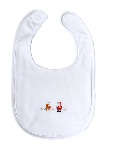 Adorable White Cotton Christmas Winter Holiday Bib for Baby - Hand Embroidered Santa and Reindeer Design
