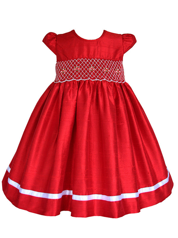 Luxurious Hand Smocked Girl's Red Silk Dress Luxurious Hand Smocked Girl's Red Silk Dress