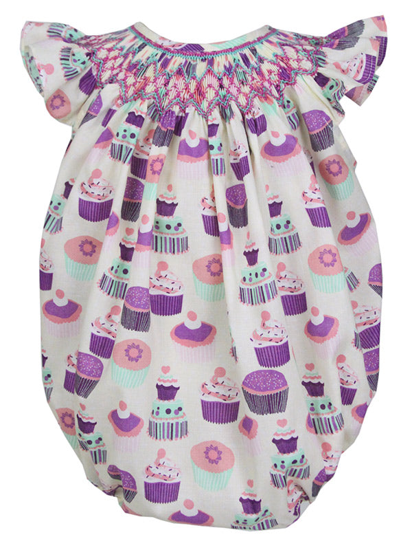 Hand Smocked Baby Girls Birthday Bubble Romper  - Cupcake all over print design