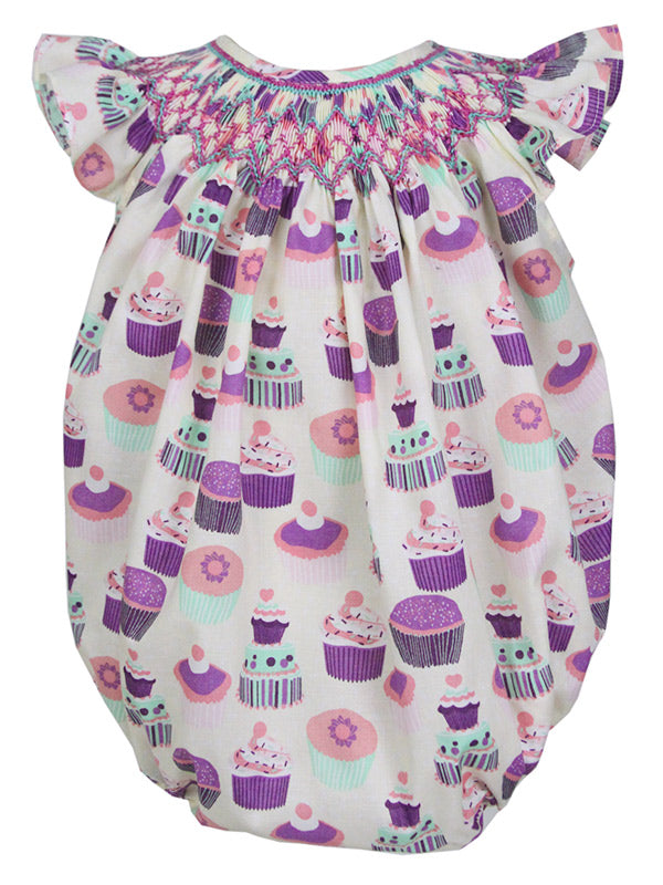 Baby Girls First Birthday Bubble Romper with Hand Smocked Cupcakes
