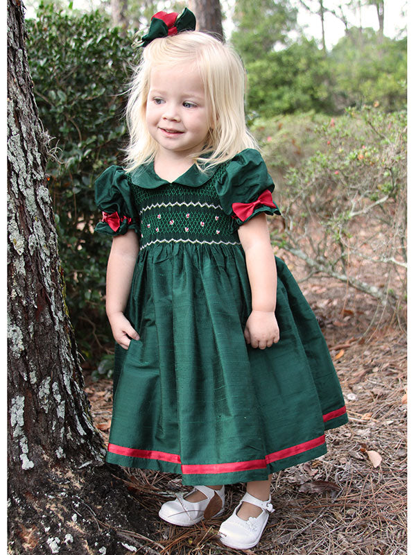 Green Silk Girls Smocked Dress with Red Ribbons 5 Green Silk Girls Smocked Dress with Red Ribbons 5