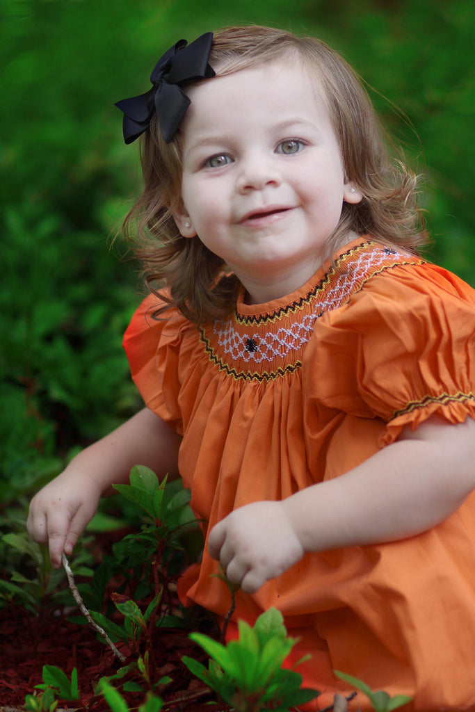 Girls Halloween Orange Dress with Hand Smocked Spider Webs Bishop