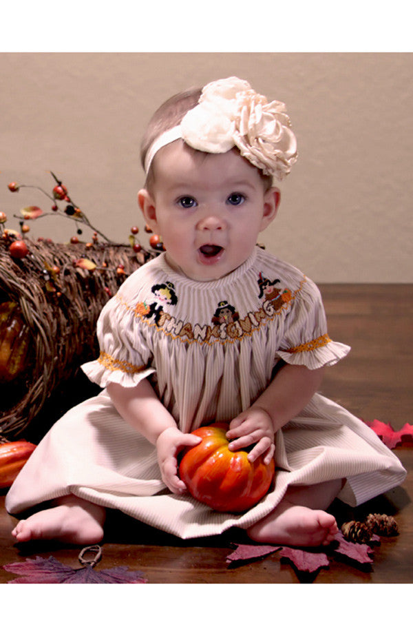 Thanksgiving Girls Bishop Dress with Smocked Pilgrims Turkey and India Thanksgiving Girls Bishop Dress with Smocked Pilgrims Turkey and India