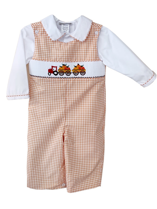 Adorable Thanksgiving Fall Holiday Smocked and Embroidered Overall Pants for Boys - Pumpkin Truck Embroidery Design