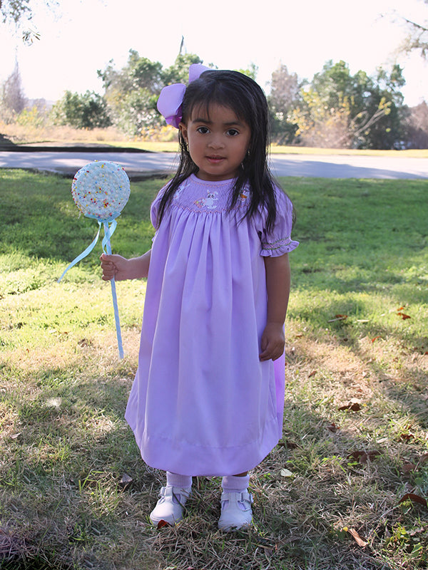 Lavender Girls Easter Bishop Dress with Smocked Bunnies