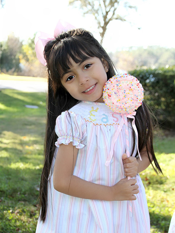 Easter Smocked Girls Bishop Dress in Striped Pastel Colors