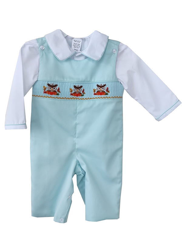 Adorable Light Blue Fall Thanksgiving Holiday Smocked and Embroidered Overall Pants for Boys - Owls and Pumpkin Embroidered Design