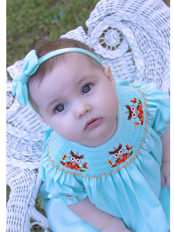 Hand Smocked Thanksgiving Owls Fall Girls Bishop Dress Aqua