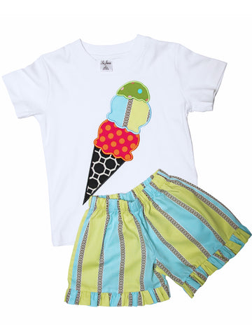 Adorable and fun summer girls matching set with hand embroidered ice cream cone design - Tee Shirt and shorts