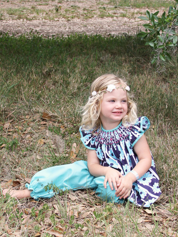 Spring Easter Hand Smocked Blue Baby Girls Dress and Pants