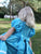 Turquoise Blue Silk smocked and embroidered Flower Girl Dress with Puff Sleeves for Weddings