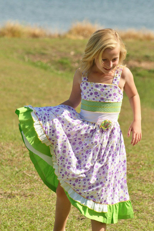 girls spring dress Flowers by Zoe Pink Gingham for Experience the beauty of spring and summer with our Floral Print Milk Silk Girls Dress Beautiful Violet Green Spring Summer