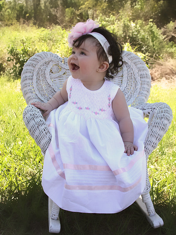 Baby Girls White Heirloom Smocked Dress with Pink Ribbons Baby Girls White Heirloom Smocked Dress with Pink Ribbons